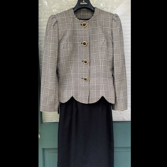 Vintage Albert Nipon 3 Pc Set Tailor Blazer Skirt Matching Shawl Houndstooth - Picture 3 of 12